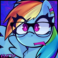 Size: 2000x2000 | Tagged: safe, artist:kk4tt0, imported from derpibooru, rainbow dash, pegasus, pony, bust, cute, dashabetes, ear piercing, earring, eye clipping through hair, eyelashes, female, glasses, high res, jewelry, mare, one wing out, open mouth, piercing, signature, solo, wide eyes, wings