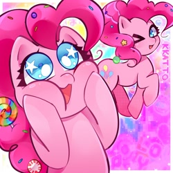 Size: 2000x2000 | Tagged: safe, artist:kk4tt0, imported from derpibooru, pinkie pie, earth pony, pony, candy, candy in hair, cheek squish, cute, diapinkes, female, food, high res, lollipop, looking at you, mare, one eye closed, open mouth, open smile, passepartout, screentone, signature, smiling, smiling at you, solo, sprinkles in hair, squishy cheeks, starry eyes, wingding eyes, wink, winking at you