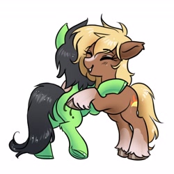 Size: 4096x4096 | Tagged: safe, artist:opalacorn, imported from derpibooru, oc, oc only, oc:filly anon, earth pony, pony, blaze (coat marking), clothes, coat markings, duo, duo female, eyes closed, facial markings, female, filly, hug, simple background, socks, unshorn fetlocks, white background