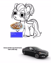 Size: 3290x4096 | Tagged: safe, artist:opalacorn, imported from derpibooru, oc, oc only, oc:void, pegasus, pony, car, driving, female, food, funnel cake, mare, simple background, smiling, solo, text, white background