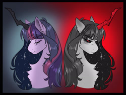 Size: 2700x2041 | Tagged: safe, artist:opalacorn, imported from derpibooru, twilight sparkle, alicorn, pony, augmented horn, black sclera, chest fluff, corrupted, duality, ethereal mane, eyes closed, female, horn, long horn, mare, red eyes, smiling, solo, starry mane, twilight sparkle (alicorn)