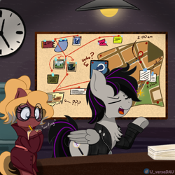 Size: 3000x3000 | Tagged: safe, artist:juniverse, imported from derpibooru, oc, oc:polar, oc:skynight sleuth, pegasus, clothes, coat, commission, detective, female, filly, foal, investigation, male, map, missing pony, office, taking notes