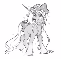 Size: 4096x3950 | Tagged: safe, artist:opalacorn, imported from derpibooru, oc, oc only, pony, unicorn, bow, eyebrows, eyebrows visible through hair, female, floating heart, gradient legs, grayscale, hair bow, heart, horn, jewelry, lidded eyes, mare, monochrome, necklace, smiling, solo, tail, tail bow