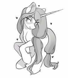 Size: 3591x4096 | Tagged: safe, artist:opalacorn, imported from derpibooru, oc, oc only, pony, unicorn, chest fluff, eyebrows, eyebrows visible through hair, female, floating heart, grayscale, heart, horn, mare, monochrome, simple background, smiling, solo, white background