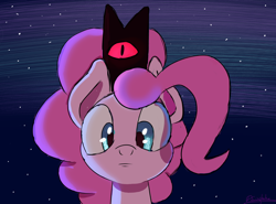 Size: 2700x2000 | Tagged: safe, artist:psychotix, imported from derpibooru, pinkie pie, earth pony, pony, bust, crown, cult of the lamb, jewelry, looking at you, night, night sky, portrait, regalia, sky, stars