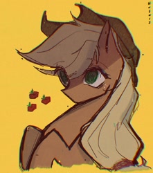 Size: 1440x1631 | Tagged: safe, artist:halo12zero, imported from derpibooru, applejack, earth pony, pony, applejack's cutie mark, applejack's hat, chromatic aberration, cowboy hat, eye clipping through hair, eyebrows, eyebrows visible through hair, female, film grain, glitched, hat, mare, no catchlights, signature, simple background, solo, swirly eyes, tied hair, yellow background