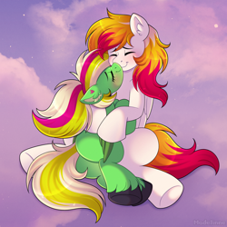 Size: 3000x3000 | Tagged: safe, artist:madelinne, imported from derpibooru, oc, oc only, pegasus, cuddling, female, hug, jewelry, male, mare, pegasus oc, ponytail, stallion, wings