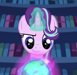 Size: 820x802 | Tagged: safe, edit, edited screencap, imported from derpibooru, screencap, starlight glimmer, pony, unicorn, every little thing she does, season 6, bookshelf, female, g5, glowing, glowing horn, horn, indoors, library, looking down, magic, magic orb, mare, smiling, smirk, smug, smuglight glimmer, solo, twilight's castle, unicorn magic