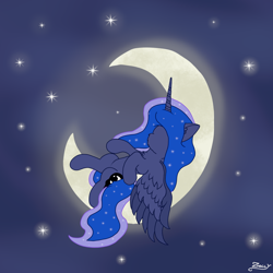 Size: 2000x2000 | Tagged: safe, artist:zeccy, imported from derpibooru, princess luna, alicorn, female, lying down, mare, moon, night, night sky, no face, sky, solo, stars, wings