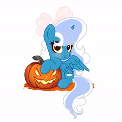 Size: 6890x6890 | Tagged: safe, artist:riofluttershy, imported from derpibooru, oc, oc only, oc:fleurbelle, alicorn, pony, alicorn oc, blushing, bow, female, hair bow, halloween, holiday, horn, looking at you, mare, nightmare night, pink bow, pumpkin, simple background, sitting, smiling, smiling at you, solo, tail, two toned hair, two toned mane, two toned tail, white background, wings, yellow eyes