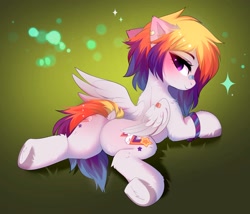 Size: 2048x1749 | Tagged: safe, artist:empress-twilight, oc, oc only, pony, abstract background, butt, female, hooves, looking back, lying down, mare