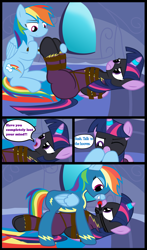 Size: 2200x3753 | Tagged: safe, artist:cardshark777, imported from derpibooru, rainbow dash, twilight sparkle, alicorn, pegasus, pony, 4 panel comic, angry, ballgag, bed, bondage, bound and gagged, bound wings, clothes, comic, conversation, costume, dashdom, dialogue, digital art, dominant, duo, female, femdom, femsub, gag, helpless, hooves behind back, hooves on cheeks, hooves on face, lesbian, lidded eyes, looking at each other, looking at someone, lying down, mare, rainbow dash's bedroom, rope, rope bondage, ropes, shadowbolts costume, shipping, smiling, speech bubble, submissive, suit, talking, text, tied up, twidash, twilight sparkle (alicorn), twilight sparkle is not amused, twisub, unamused, uniform, wall, window, wings, wonderbolts uniform