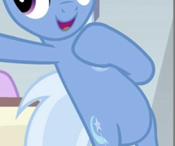 Size: 897x746 | Tagged: safe, imported from derpibooru, screencap, trixie, pony, unicorn, road to friendship, belly, bipedal, cropped, horn, open mouth, pictures of bellies, smiling, solo