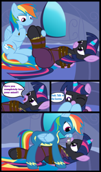 Size: 2200x3753 | Tagged: safe, alternate version, artist:cardshark777, imported from derpibooru, rainbow dash, twilight sparkle, alicorn, pegasus, pony, 4 panel comic, angry, bed, bondage, bound and gagged, bound wings, clothes, comic, conversation, costume, dashdom, dialogue, digital art, dominant, duo, female, femdom, femsub, gag, helpless, hooves behind back, hooves on cheeks, hooves on face, lesbian, lidded eyes, looking at each other, looking at someone, lying down, mare, rainbow dash's bedroom, rope, rope bondage, ropes, shadowbolts costume, shipping, smiling, speech bubble, submissive, suit, talking, tape, tape gag, text, tied up, twidash, twilight sparkle (alicorn), twilight sparkle is not amused, twisub, unamused, uniform, wall, window, wings, wonderbolts uniform