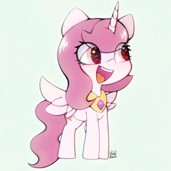 Size: 3000x3000 | Tagged: safe, artist:zokkili, imported from derpibooru, princess celestia, cewestia, crown, eye clipping through hair, female, filly, filly celestia, foal, high res, horn, jewelry, open mouth, open smile, peytral, pink-mane celestia, regalia, signature, simple background, smiling, solo, spread wings, tail, white background, wings, younger