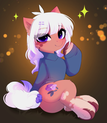 Size: 3259x3732 | Tagged: safe, artist:empress-twilight, imported from derpibooru, oc, oc only, pony, butt, clothes, commission, eye clipping through hair, female, looking at you, mare, plot, sitting, smiling, smiling at you, solo, sweater, underhoof, ych result