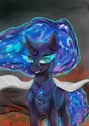 Size: 2480x3508 | Tagged: safe, artist:kirieshka, imported from derpibooru, nightmare moon, alicorn, pony, armor, bad end, blue eyes, cloak, clothes, evil, evil eyes, evil grin, fire, grin, mantle, night, raincoat, smiling