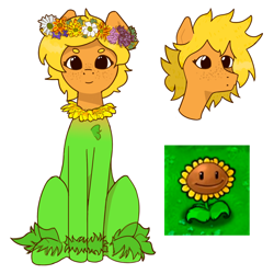 Size: 2000x2000 | Tagged: safe, artist:millionyearspony, imported from derpibooru, pony, blonde, blonde hair, brown eyes, flower, flower in hair, green body, looking at you, messy mane, plant, plants vs zombies, simple background, sitting, smiling, smiling at you, solo, white background, yellow hair