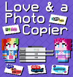 Size: 1010x1070 | Tagged: safe, artist:silk-rose, imported from derpibooru, pinkie pie, rainbow dash, human, equestria girls, cover, cover art, digital art, drop shadow, fanfic, fanfic art, fanfic cover, photocopier, pixel art, text, tiled background