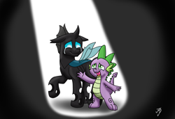 Size: 1785x1223 | Tagged: safe, artist:takutanuvataio, imported from derpibooru, spike, thorax, changeling, dragon, the times they are a changeling, a changeling can change, black background, crying, duo, duo male, floppy ears, link in description, male, open mouth, open smile, raised hoof, scene interpretation, signature, simple background, singing, smiling, song cover, spotlight, tears of joy