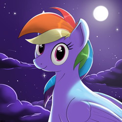 Size: 2197x2209 | Tagged: safe, artist:eels, imported from derpibooru, rainbow dash, pegasus, pony, cloud, cute, female, looking at you, moon, night, sky background, solo, stars