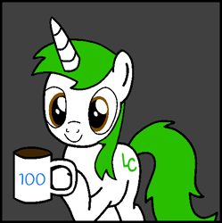 Size: 494x496 | Tagged: safe, artist:lonstecation, imported from derpibooru, snips, oc, oc only, oc:lonstecation, pony, unicorn, 100, 3 legs, cup, food, gray background, holding cup, holding mug, horn, male, mug, number, number 100, raised hoof, rule 63, simple background, solo, stallion, sugar, tea