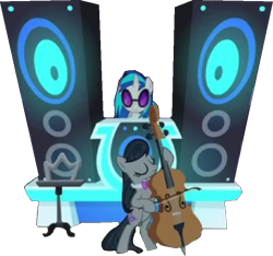 Size: 708x662 | Tagged: safe, imported from derpibooru, dj pon-3, octavia melody, vinyl scratch, earth pony, pony, unicorn, background removed, bowtie, cello, dubstep, duo, female, glasses, horn, mare, musical instrument, necktie, png, simple background, speaker, transparent background