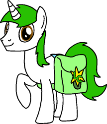 Size: 558x648 | Tagged: safe, artist:lonstecation, imported from derpibooru, oc, oc only, oc:lonstecation, pony, unicorn, 3 legs, bag, horn, lc symbol, male, raised hoof, saddle bag, simple background, solo, sparkle, stallion, transparent background