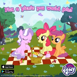 Size: 1080x1080 | Tagged: safe, imported from derpibooru, apple bloom, diamond tiara, scootaloo, earth pony, pegasus, gameloft, picnic