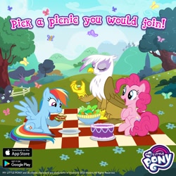 Size: 1080x1080 | Tagged: safe, imported from derpibooru, gilda, pinkie pie, rainbow dash, gameloft, picnic