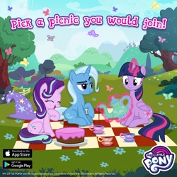 Size: 1080x1080 | Tagged: safe, imported from derpibooru, starlight glimmer, trixie, twilight sparkle, cake, food, gameloft, picnic