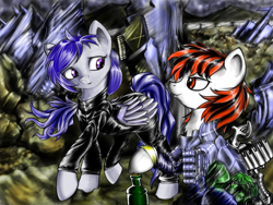 Size: 1024x768 | Tagged: safe, artist:lachasseauxhiboux, imported from derpibooru, oc, oc:blackjack, oc:morning glory (project horizons), pegasus, pony, unicorn, fallout equestria, fallout equestria: project horizons, alcohol, armor, chest fluff, clothes, drink, duo, duo female, fanfic art, female, female oc, gun, hidden horn, horn, looking at each other, looking at someone, mare, mare oc, outdoors, pegasus oc, shotgun, smiling, unicorn oc, walking, wasteland, weapon, wings