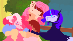 Size: 1554x874 | Tagged: safe, artist:peachpaws0, imported from derpibooru, fluttershy, pinkie pie, rarity, earth pony, pegasus, pony, unicorn, crystal horn, female, flarity, flutterpie, horn, lavender sunrise au, lesbian, lineless, mare, raripie, raripieshy, redesign, screenshot redraw, shipping, trio, unicorn beard