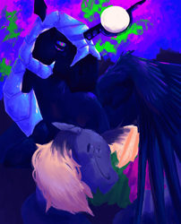 Size: 3207x3976 | Tagged: safe, imported from derpibooru, derpy hooves, nightmare moon, alicorn, pegasus, armor, curved horn, duo, ethereal mane, female, horn, lavender sunrise au, lesbian, nightmarederp, redesign, shipping