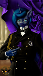 Size: 4320x7680 | Tagged: safe, artist:tsaritsaluna, imported from derpibooru, alicorn, anthro, bowtie, bust, clothes, female, fine art parody, looking at you, mare, necktie, portrait, solo, uniform