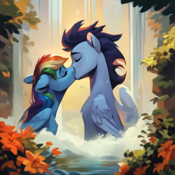 Size: 4096x4096 | Tagged: safe, imported from derpibooru, rainbow dash, soarin', pegasus, pony, ai content, ai generated, cute, duo, duo male and female, eyes closed, female, forest, generator:purplesmart.ai, generator:stable diffusion, kissing, male, nature, outdoors, prompter:*rainbow dash*, romantic, shipping, sitting, soarindash, straight, tree, water, waterfall