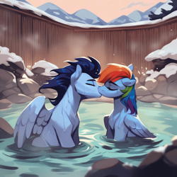 Size: 4096x4096 | Tagged: safe, imported from derpibooru, rainbow dash, soarin', pegasus, pony, ai content, ai generated, bathing, cute, duo, duo male and female, eyes closed, female, generator:purplesmart.ai, generator:stable diffusion, kissing, male, onsen, outdoors, prompter:*rainbow dash*, romantic, shipping, sitting, snow, soarindash, straight, wet