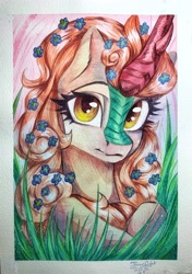 Size: 2807x3979 | Tagged: safe, artist:jsunlight, imported from derpibooru, autumn blaze, kirin, pony, flower, flower in hair, looking at you, outdoors, passepartout, signature, solo, traditional art, watercolor painting