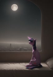 Size: 832x1216 | Tagged: safe, imported from derpibooru, twilight sparkle, pony, unicorn, ai content, ai generated, city, cutie mark, full moon, looking away, moon, prompter:thehyperinsectoid, scenery, solo, unicorn twilight, window