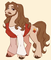 Size: 1746x2048 | Tagged: safe, artist:daffidaizy, imported from derpibooru, earth pony, pony, beard, clothes, facial hair, jesus christ, looking at you, male, ponified, religion, simple background, solo, stallion