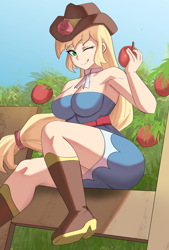 Size: 2762x4096 | Tagged: safe, artist:tzc, imported from derpibooru, applejack, human, equestria girls, 2d, ;p, apple, applejack's hat, boots, breasts, busty applejack, clothes, cowboy hat, dress, eyebrows, eyebrows visible through hair, female, fence, flower, food, freckles, hat, looking at you, one eye closed, outdoors, rose, shoes, sitting, smiling, smiling at you, solo, tongue out, wink