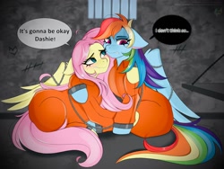 Size: 2000x1500 | Tagged: safe, artist:namelessplaza, imported from derpibooru, fluttershy, rainbow dash, pegasus, pony, blushing, bound together, bound wings, butt, chains, clothes, commission, cuffs, hug, plot, prison, prison outfit, prisoner, prisoner fs, prisoner rd, speech bubble, sweat, sweatdrops, wings