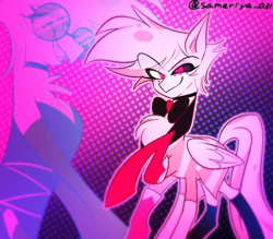 Size: 1368x1198 | Tagged: safe, artist:sameriya_031, imported from derpibooru, demon, demon pony, original species, pegasus, pony, angel dust (hazbin hotel), bowtie, clothes, colored sclera, crossover, glasses, hazbin hotel, hellaverse, male, necktie, patterned background, polka dot background, ponified, self paradox, self ponidox, sharp teeth, socks, stallion, teeth