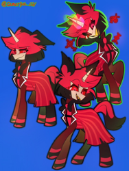 Size: 1108x1477 | Tagged: safe, artist:sameriya_031, imported from derpibooru, demon, demon pony, original species, pony, unicorn, alastor, blue background, bowtie, clothes, coat, colored sclera, crossover, hazbin hotel, hellaverse, horn, looking at you, male, monocle, multeity, necktie, ponified, sharp teeth, simple background, smiling, stallion, teeth