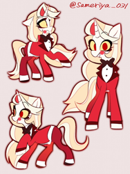 Size: 1108x1477 | Tagged: safe, artist:sameriya_031, imported from derpibooru, demon, demon pony, original species, pony, unicorn, beige background, bowtie, charlie morningstar, clothes, coat, colored sclera, crossover, female, hazbin hotel, hellaverse, horn, looking at you, mare, multeity, necktie, ponified, simple background, smiling