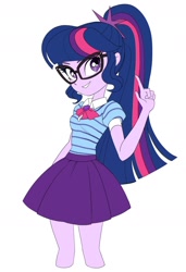 Size: 1300x1900 | Tagged: safe, artist:cheesesauce_45, imported from derpibooru, sci-twi, twilight sparkle, human, equestria girls, clothes, female, glasses, grin, ponytail, purple skirt, simple background, skirt, smiling, solo, white background