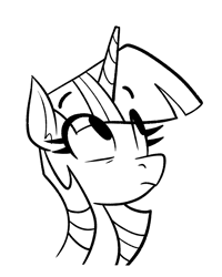 Size: 1193x1489 | Tagged: safe, artist:anontheanon, imported from ponybooru, twilight sparkle, pony, unicorn, black and white, bust, eye clipping through hair, eyebrows visible through hair, frown, grayscale, looking up, monochrome, simple background, solo, white background