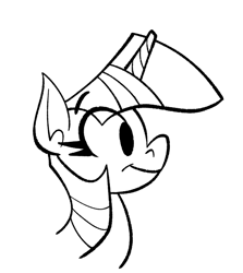 Size: 758x850 | Tagged: safe, artist:anontheanon, imported from ponybooru, twilight sparkle, pony, unicorn, black and white, bust, eye clipping through hair, eyebrows visible through hair, female, grayscale, mare, monochrome, simple background, smiling, solo, white background