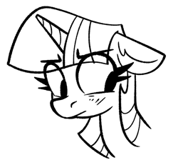 Size: 735x678 | Tagged: safe, artist:anontheanon, imported from ponybooru, twilight sparkle, pony, unicorn, black and white, bust, eye clipping through hair, eyebrows visible through hair, female, frown, grayscale, looking down, mare, monochrome, simple background, solo, white background