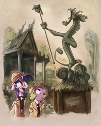 Size: 2646x3300 | Tagged: safe, artist:anontheanon, imported from ponybooru, discord, spike, twilight sparkle, alicorn, dragon, pony, bowtie, clothes, discord statue, ears, floppy ears, hat, looking up, open mouth, open smile, pith helmet, scepter, smiling, statue, trenchcoat, twilight scepter, twilight sparkle (alicorn)